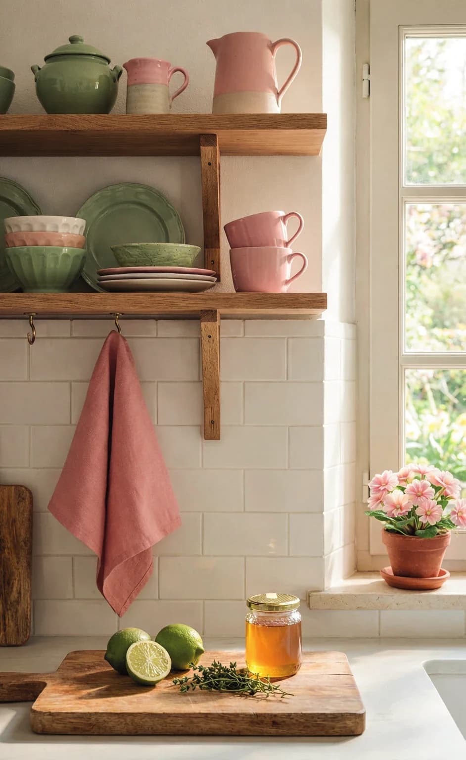 LA CUCINA SI VESTE DI PRIMAVERA : tra rosa antico e verde salvia, la cucina si trasforma in uno spazio luminoso e accogliente. Ceramiche, tessuti e piccoli dettagli naturali raccontano una palette delicata che richiama la stagione, portando freschezza e armonia nella quotidianità domestica.